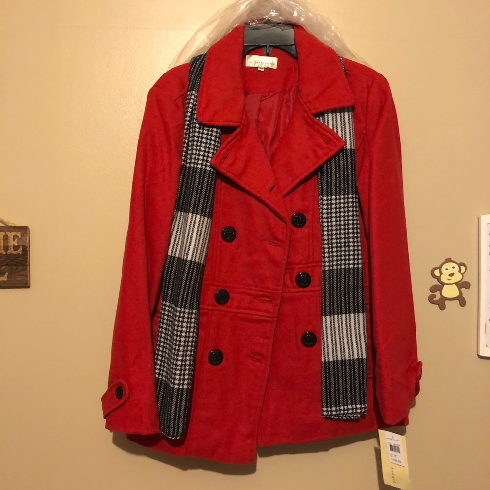 Red Peacoat with Black and White Scarf